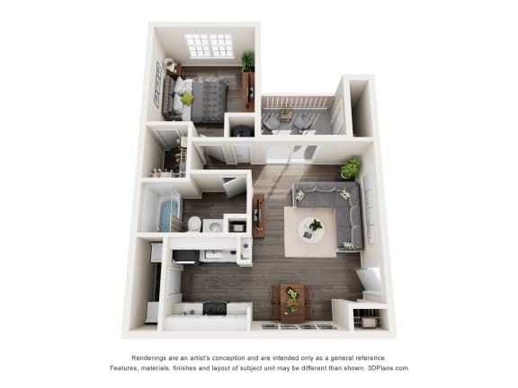 a stylized floor plan with a bedroom and a living room
