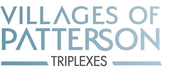 A blue and white logo for Villages of Patterson Triplexes.