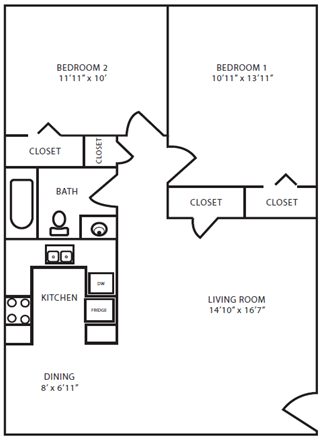 2 Bedroom 2 Bathroom Floor Plan at Maplehurst Apartments, Knoxville, TN