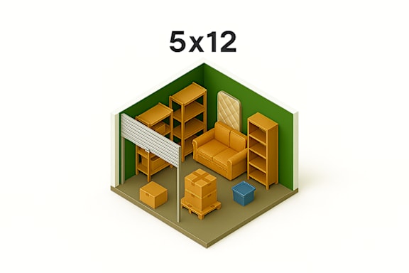 A 3D rendering of a room with a 5x12 size indication.
