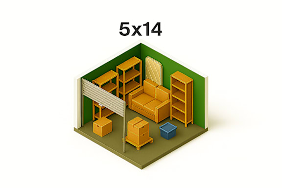 A 3D rendering of a room with furniture and a green wall with the text 5x14.