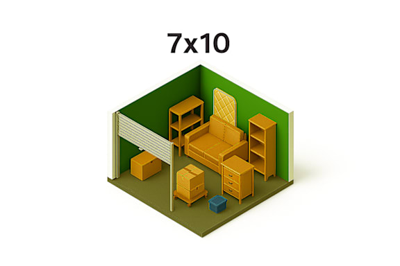 A 3D image of a room with furniture and a green wall with the text 7x10.