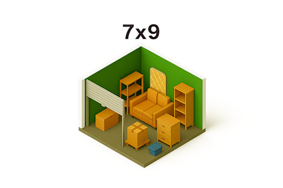A green box with the dimensions 7x9 is shown with various items inside.