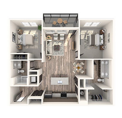 A top-down view of a small, modern apartment with a kitchen, living room, and bathroom.