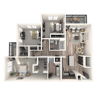 A 3D floor plan of a house with a kitchen, living room, and bedrooms.