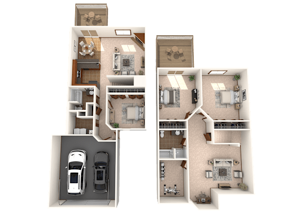A floor plan of a two-story house with a garage and a separate living area.