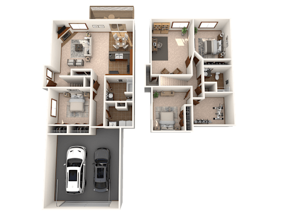 A floor plan of a two-story house with a garage and a driveway.