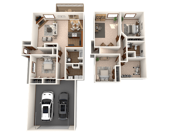 A floor plan of a two-story house with a garage and two cars.