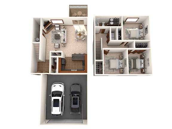 Two cars are parked in a garage attached to a house.