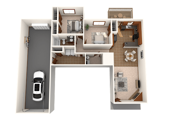 A 3D floor plan of a house with a car parked in the garage.