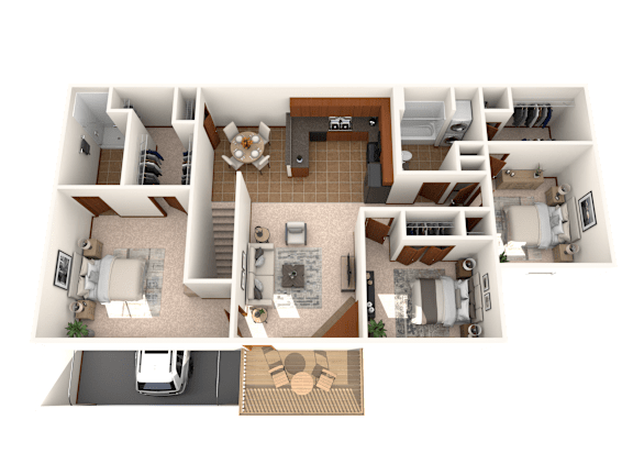 A 3D floor plan of a house with a garage and a car.