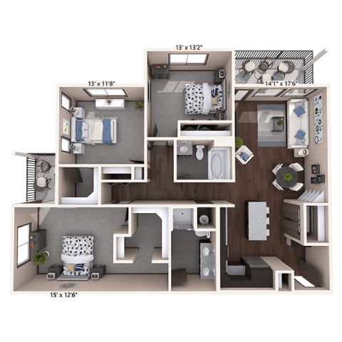 A 3D floor plan of a small apartment with a living room, kitchen, and bathroom.