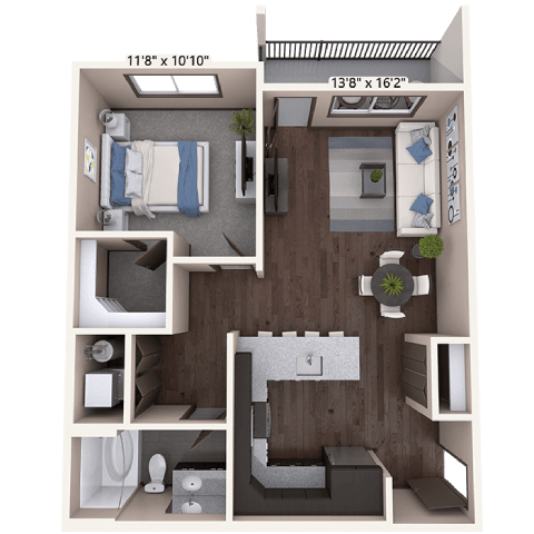 A 3D floor plan of a small apartment with a bedroom, living room, and bathroom.