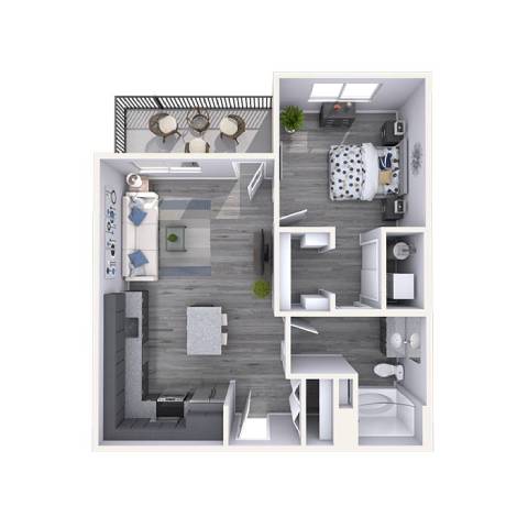 A top-down view of a small apartment with a kitchen, living room, and bedroom.