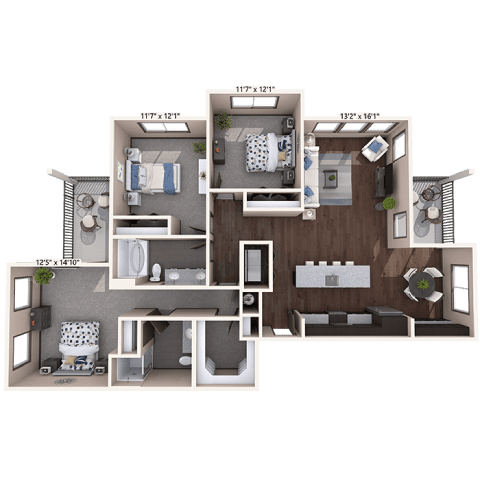 A 3D floor plan of a house with labeled dimensions.