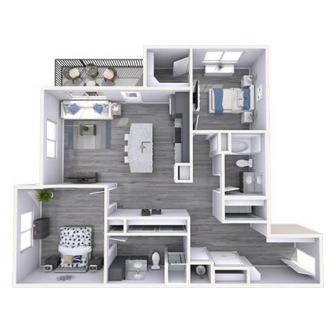 A 3D floor plan of a small apartment with a kitchen, living room, and bedroom.
