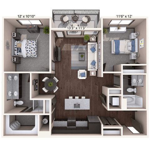 A 3D floor plan of a small apartment with two bedrooms, a living room, and a kitchen.