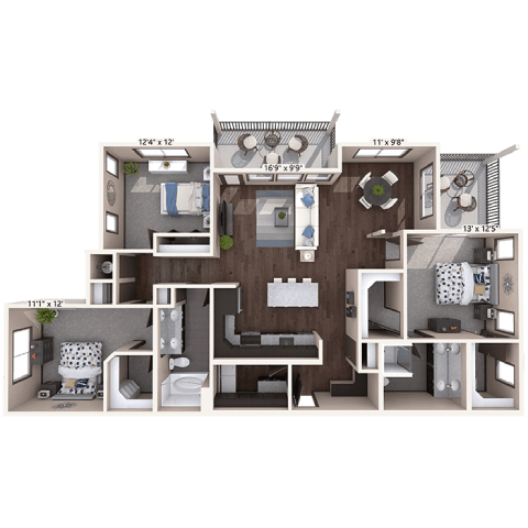 A 3D rendered image of a house layout with dimensions.