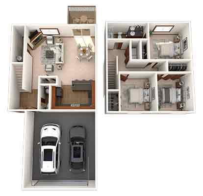 A top-down view of a house with a car and a motorcycle parked in the driveway.