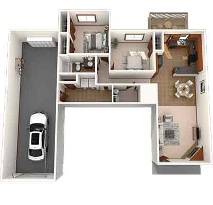 A floor plan of a house with a garage and a car.