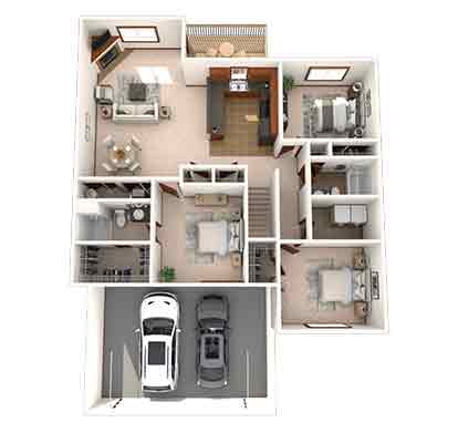 A floor plan of a house with a kitchen, living room, two bedrooms, a bathroom, and a garage.