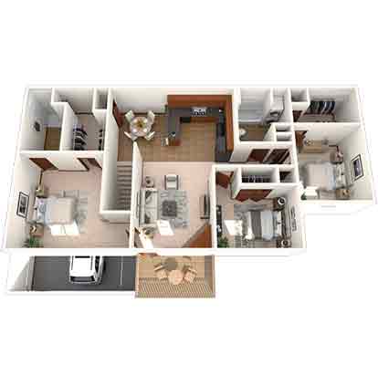 A floor plan of a house with a living room, kitchen, and two bedrooms.