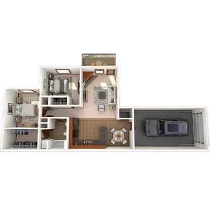 A cutaway view of a house showing the interior of the kitchen, living room, and bedroom.