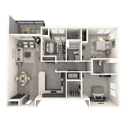 A 3D floor plan of a small apartment with a kitchen, living room, and bathroom.
