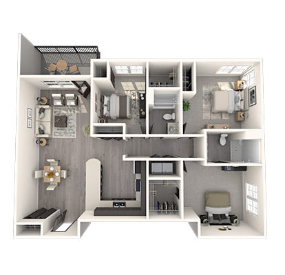 A 3D floor plan of a small apartment with a kitchen, living room, and bathroom.