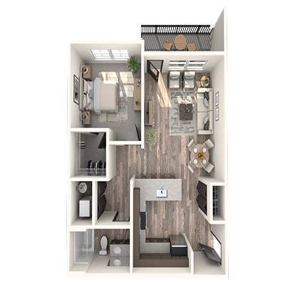 A 3D floor plan of a small apartment with a kitchen, living room, and bathroom.