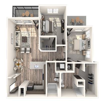 A 3D rendered image of a modern apartment layout.
