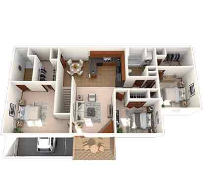 A floor plan of a house with a living room, kitchen, and two bedrooms.