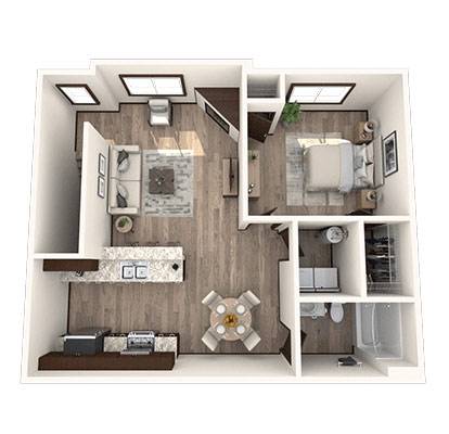 A floor plan of a small apartment with a kitchen, living room, and bathroom.