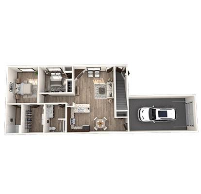 A floor plan of a house with a garage and a car.