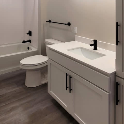 A white toilet sits next to a sink in a bathroom.