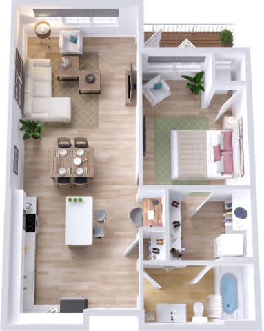 A top-down view of a modern apartment with a kitchen, living room, and bathroom.