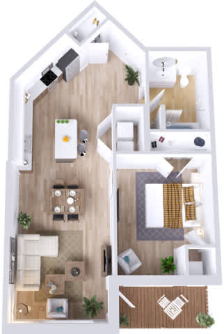 A top-down view of a house layout with a kitchen, living room, and bedrooms.