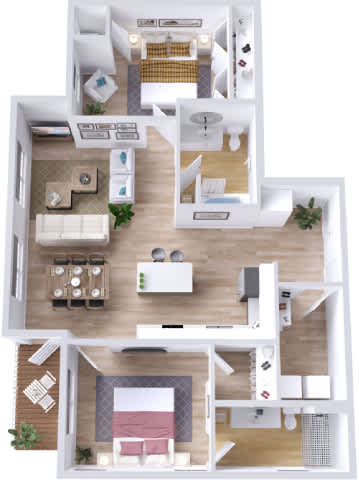 A 3D floor plan of a house with two bedrooms, a living room, a kitchen, and a bathroom.