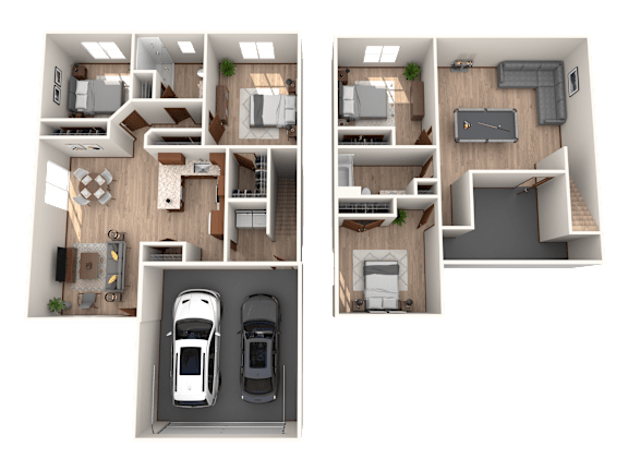 Two floor plan images of a house with a car parked in the garage.