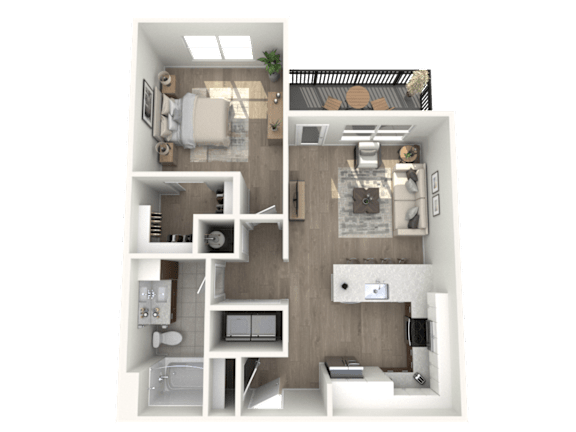 A 3D floor plan of a small apartment with a kitchen, living room, and bathroom.