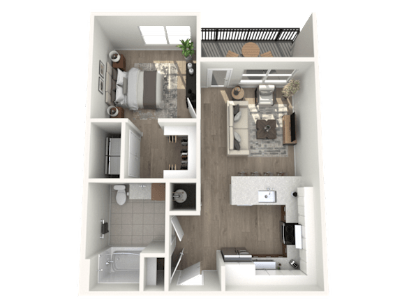 A 3D floor plan of a small apartment with a kitchen, living room, and bathroom.