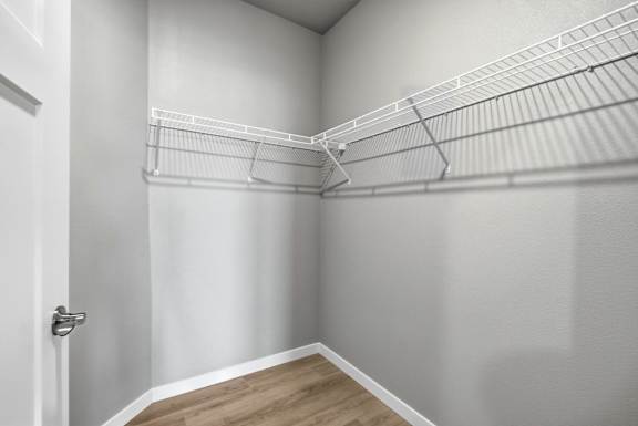 A white closet with a door and shelves.