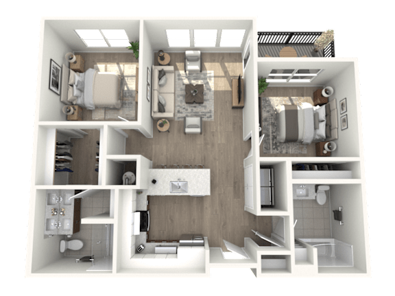 A 3D floor plan of a small apartment with two bedrooms, a living room, and a kitchen.