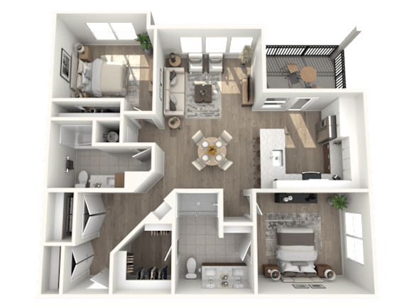 A 3D floor plan of a house with a kitchen, living room, and bathroom.