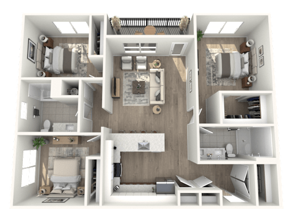 A 3D floor plan of a small apartment with two bedrooms, a living room, and a kitchen.