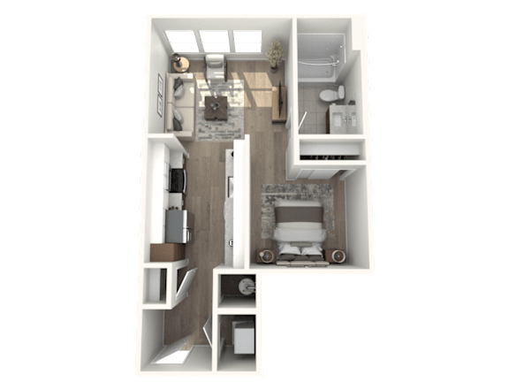 A 3D floor plan of a small apartment with a kitchen, living room, and bathroom.