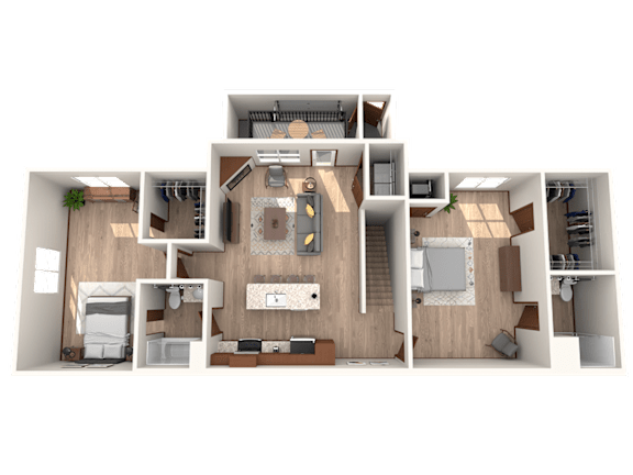 A 3D floor plan of a house with a kitchen, living room, and bedrooms.