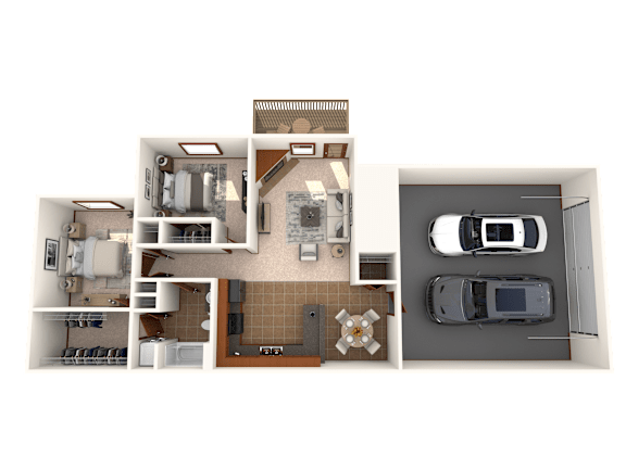 A top-down view of a house layout with a garage, living room, kitchen, and bedrooms.
