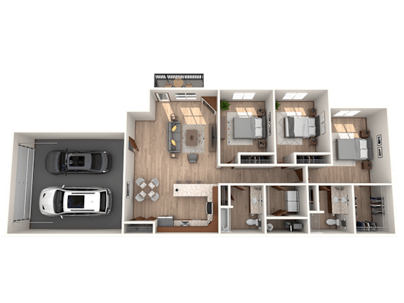 A top-down view of a house layout with a garage, living room, dining area, kitchen, and two bedrooms.