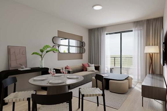 A modern dining room with a round table set for four.